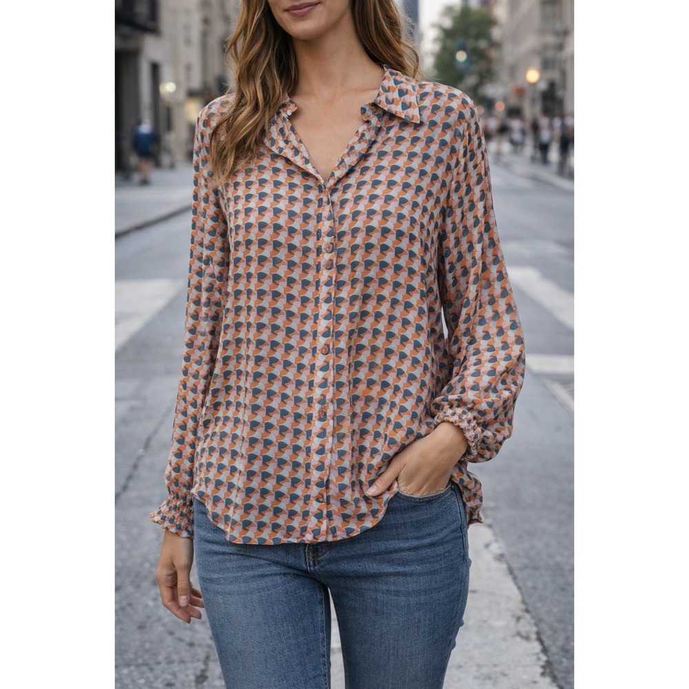 ee:some Button Up Geometric Pattern Boho LS Blouse Top Balloon Sleeve Medium